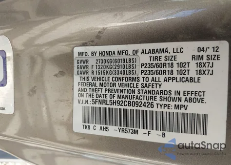 2012 Honda Odyssey Touring/Touring Elite from USA, damaged, VIN 5FNRL5H92CB092426